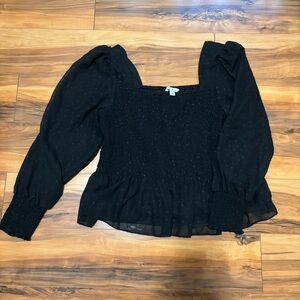Nine West Black Smocked Bishop Sleeve Blouse